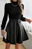 Kadın Uzun Kollu Balıkçı Yaka üst Kaşkorse Alt Deri Detaylı Mini Elbise