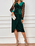 Kadın Uzun Kollu Kruvaze Yakalı Yandan Düğmeli önden çapraz Kesin Detaylı Midi Kadife Elbise