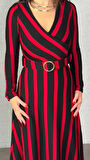 Kadın Uzun Kollu Kruvaze Yaka Kemer Dahil çizgili Triko Elbise