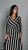 Kadın Uzun Kollu Kruvaze Yaka Kemer Dahil çizgili Triko Elbise
