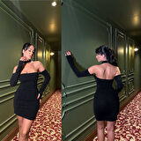 Kadın Madonna Yaka Simli Flower Kumaş Mini Elbise