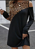 Kadın Uzun Kollu Omuzdan Açık Leopar Desenli Viskon Iki Iplik Mini Elbise
