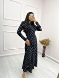 Kadın Siyah Tam Boy Beyaz Puantiyeli Elbise