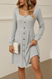 Kadın Uzun Kollu Kare Yaka Düğmeli Kısa şardonlu Iki Iplik Mini Elbise