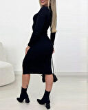 Kadın Uzun Kollu Yırtmaçlı Düğme Detaylı Midi Kaşkorse Elbise