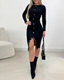 Kadın Uzun Kollu Yırtmaçlı Düğme Detaylı Midi Kaşkorse Elbise