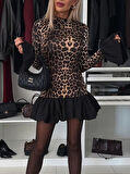 Kadın Uzun Kollu Bisiklet Yaka Leopar Desenli üst Modal Alt Trikoton Mini Elbise