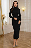 Kadın Uzun Kollu Boğazlı Midi Boy Triko Elbise (kemersiz)