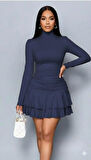 Kadın Uzun Kollu Balıkçı Yaka Mini Fırfırlı Sandy Elbise