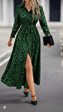 Kadın Uzun Kollu Yakalı Belden Kuşaklı Leopar Desenli Modal Uzun Elbise