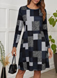 Kadın Uzun Kollu Yuvarlak Yaka Geometrik Süprem Elbise