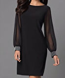 Kadın Uzun Kollu Bisiklet Yaka Kollar Tül Manşet Taş Işlemeli Krep Elbise