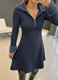 Kadın Uzun Kollu Kürk Yakalı Fermuarlı Mini Viskon Iki Iplik Elbise