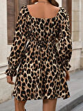 Kadın Uzun Kollu Kare Yakalı Leopar Modal Mini Elbise