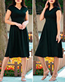 Düşük Omuz Eteği Pileli Krep Kumaş Midi Boy Elbise