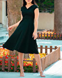 Düşük Omuz Eteği Pileli Krep Kumaş Midi Boy Elbise