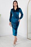 Kadın Kadife Kumaş Manşetli V Yaka Şık Kalem Elbise