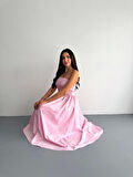 Straplez Pileli Elbise - Pembe