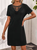 Kadın Kısa Kollu Dantel Yakalı Kısa Viskon Elbise
