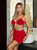 Markano  Zincir Detaylı Göğüs Dekolteli Kırmızı Mini Club Elbisesi