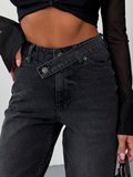 Çapraz Bel Tasarım Mavi Denim Pantolon - Yüksek Bel Mom/Straight Fit