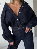 Kadın Koyu Lacivert Denim Takım – Oversize Jean Ceket & Yüksek Bel Wide Leg Pantolon Takım