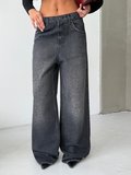 Kadın Yıkamalı Leopar Desenli Wide Leg Jean Pantolon