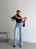 Kadın Retro Tarz Çift Cepli Düğme Detaylı Geniş Paça Kot Pantolon