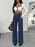 Kadın Çapraz Kapama Detaylı  Klasik Yıkama Salaş Kalıp Bol Paça Denim Pantolon