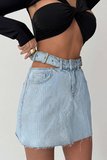 Kadın Cut-Out Detaylı Kemerli Jean Mini Etek - Tasarım Denim Etek