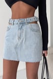 Kadın Cut-Out Detaylı Kemerli Jean Mini Etek - Tasarım Denim Etek