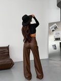 Suni Deri Pantolon, Geniş Paça Pantolon, Yüksek Bel Deri Pantolon, Kadın Palazzo Pantolon, Mat Deri Pantolon.