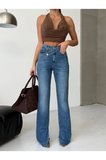Kadın Yüksek Bel Çapraz Bel Detaylı Bol Paça Mavi Denim Jean Pantolon
