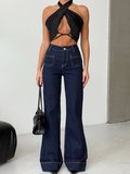 Yüksek Bel Geniş Paça Manşet Detaylı Kadın Denim Pantolon