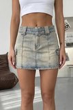 Yüksek Bel Mini Denim Etek Eskitilmiş Mavi Yıkamalı Cep Detaylı Jean Etek