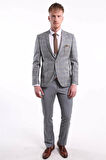 İntersivin Erkek Gri 6 Drop Slim Fit Yelekli Takım Elbise