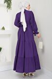 Önü Fırfırlı Kolu Bağlamalı Elbise Mor HM2078
