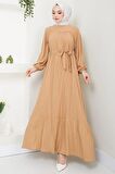Robalı Kuşaklı Elbise Camel HM2451