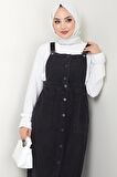 Düğmeli Kot Salopet Elbise Siyah HM22456