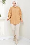 Yandan Bağlamalı Oversize Gömlek Camel HM2471