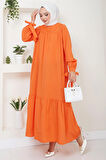 Robalı Kol Ucu Bağlamalı Elbise Turuncu HM2081