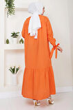 Robalı Kol Ucu Bağlamalı Elbise Turuncu HM2081