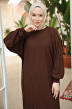 Bisiklet Yaka Balon Kol Triko Elbise Kahverengi HM2518