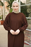 Bisiklet Yaka Balon Kol Triko Elbise Kahverengi HM2518
