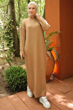 Fitilli Yarım Fermuarlı Triko Elbise Camel HM2520