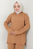 Yakası Fermuarlı Fitilli Triko Takım Camel HM2550