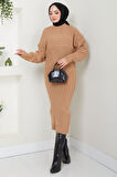 Örgü Desenli Jile Bluz Triko Takım Camel HM2559