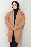 Sepet Örgülü Düğmesiz Araboy Triko Hırka Camel HM2565