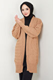 Sepet Örgülü Düğmesiz Araboy Triko Hırka Camel HM2565