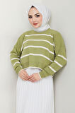 Çizgili Crop Triko Kazak Fıstık Yeşili HM2548